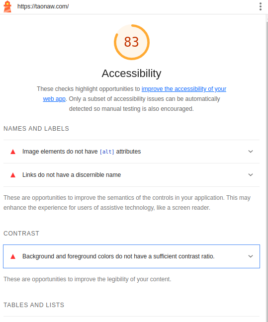a white windows titled the https://taonaw.com/ shows its accessibility grade, which is 83. There are three comments with a red triangle warning sign on them: images without alt descriptions, links without discernible names, and backgrounds to the foreground without sufficient contrast.