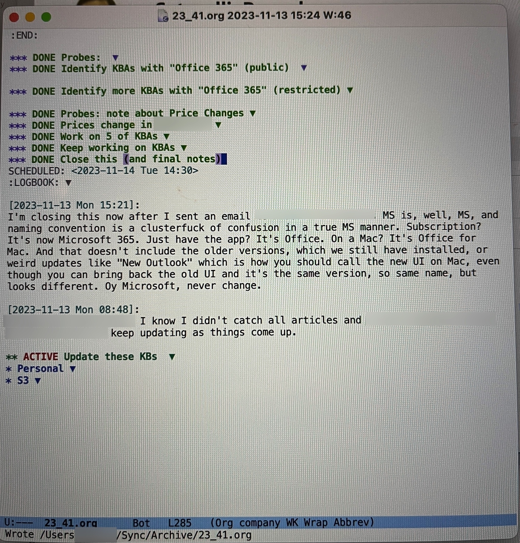 A screenshot of personal notes in Emacs, complaining about Microsoft's confusing brand names when it comes to its products. The notes specify a couple of examples, such as Microsoft 365, Microsoft Office, Office for Mac, etc.
