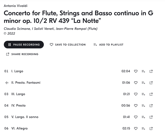 A screenshot from IDAGO. The track title is Concerto for Flute, Strings and Basso continuo in G minor op. 10/2 RV 439 “La Notte”. 
