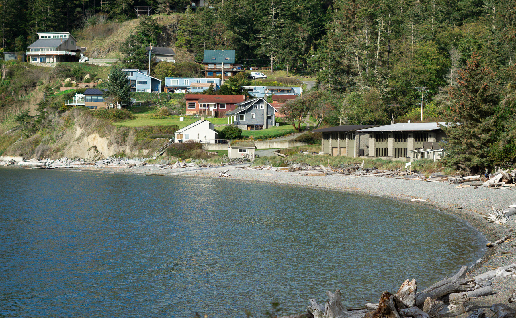 Auto-generated description: A serene coastal scene features a curve of pebble beach bordered by driftwood, with houses nestled among lush trees and a steep bluff.