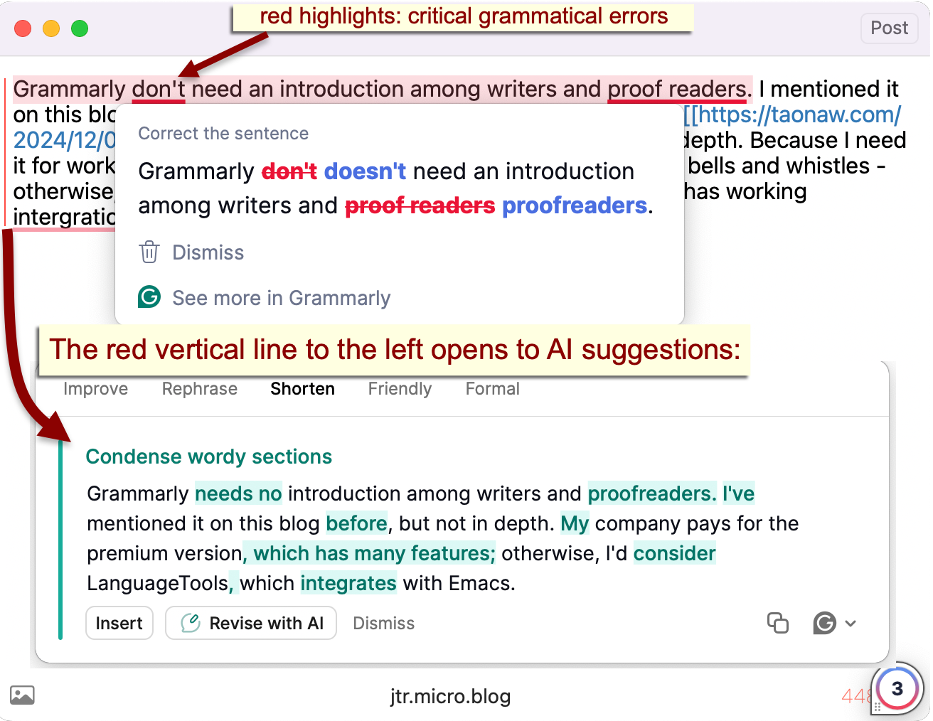 Auto-generated description: A screenshot of Grammarly's interface showing grammar and style suggestions for a text.