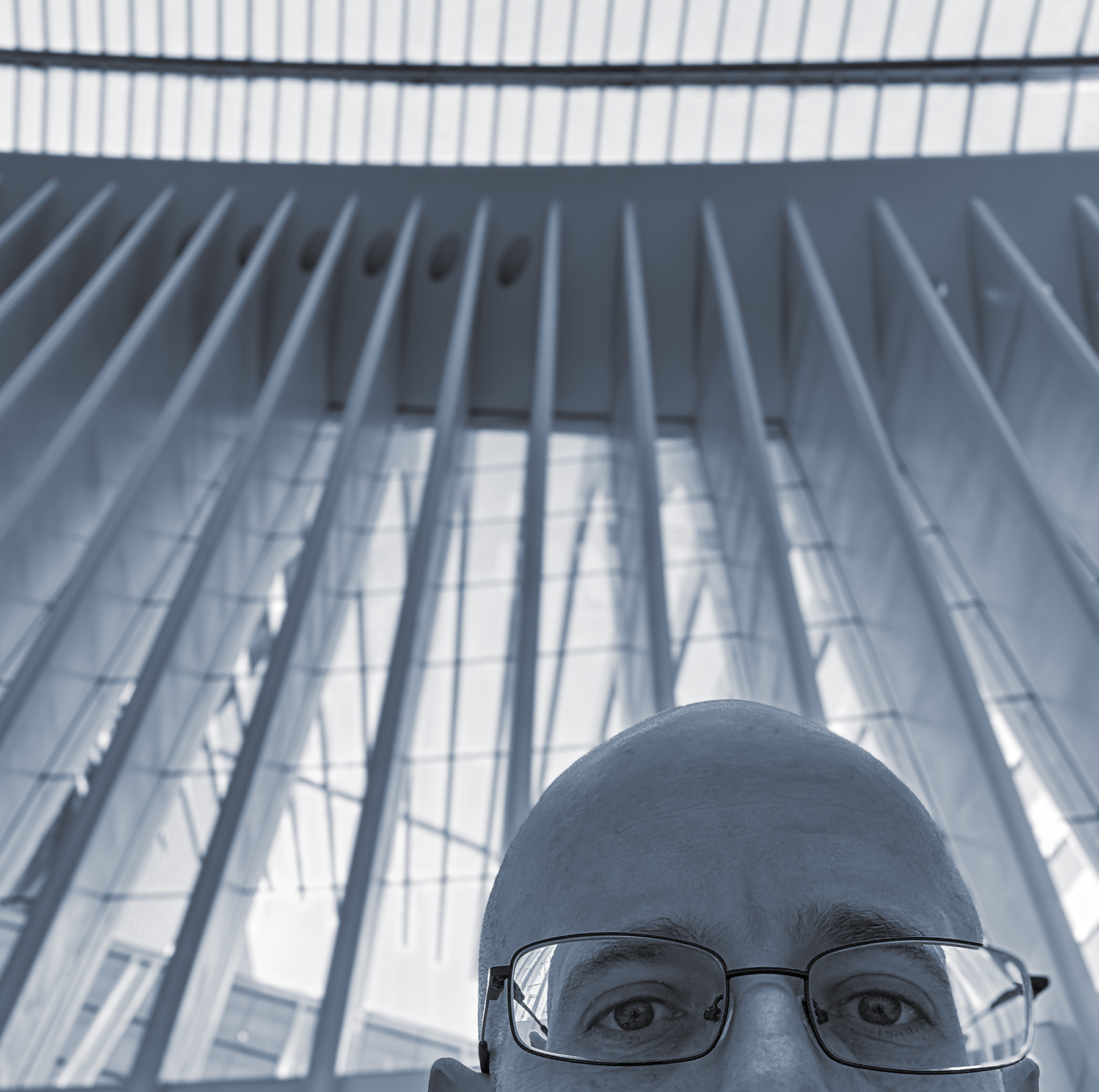 JTR wearing glasses is partially visible at the bottom of the image, with the of the Oculus in the background, a ceiling featuring vertical beams from steel above.