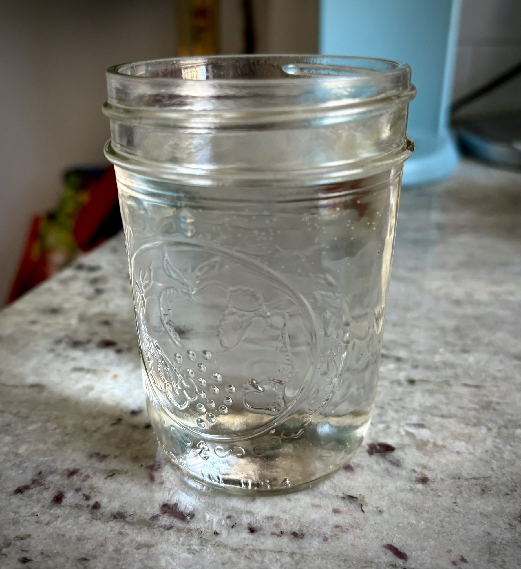  A clear glass jar with embossed designs filled with carbonated water sitting on a kitchen countertop