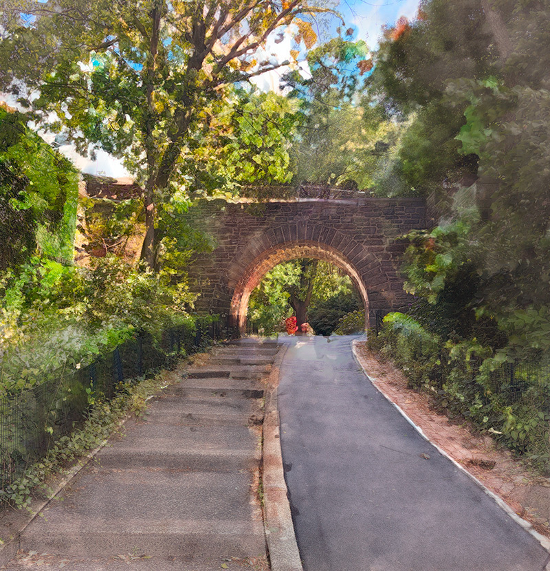 a painting (AI assisted) of a paved path winding under a stone archway surrounded by lush greenery and trees.