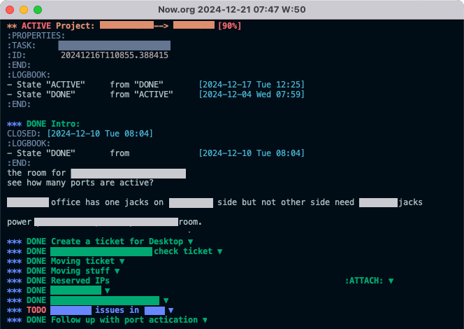 Auto-generated description: An Emacs org-mode screen capture shows a project management interface with tasks, status updates, and some completed and pending items.