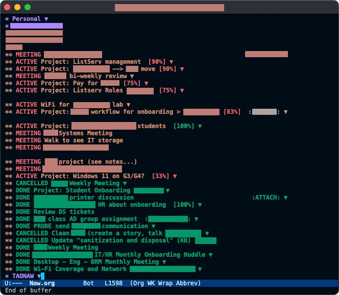 A text-based task organizer (Emacs org-mode) displays various projects labeled as active, done, canceled, and deferred, complete with completion percentages.