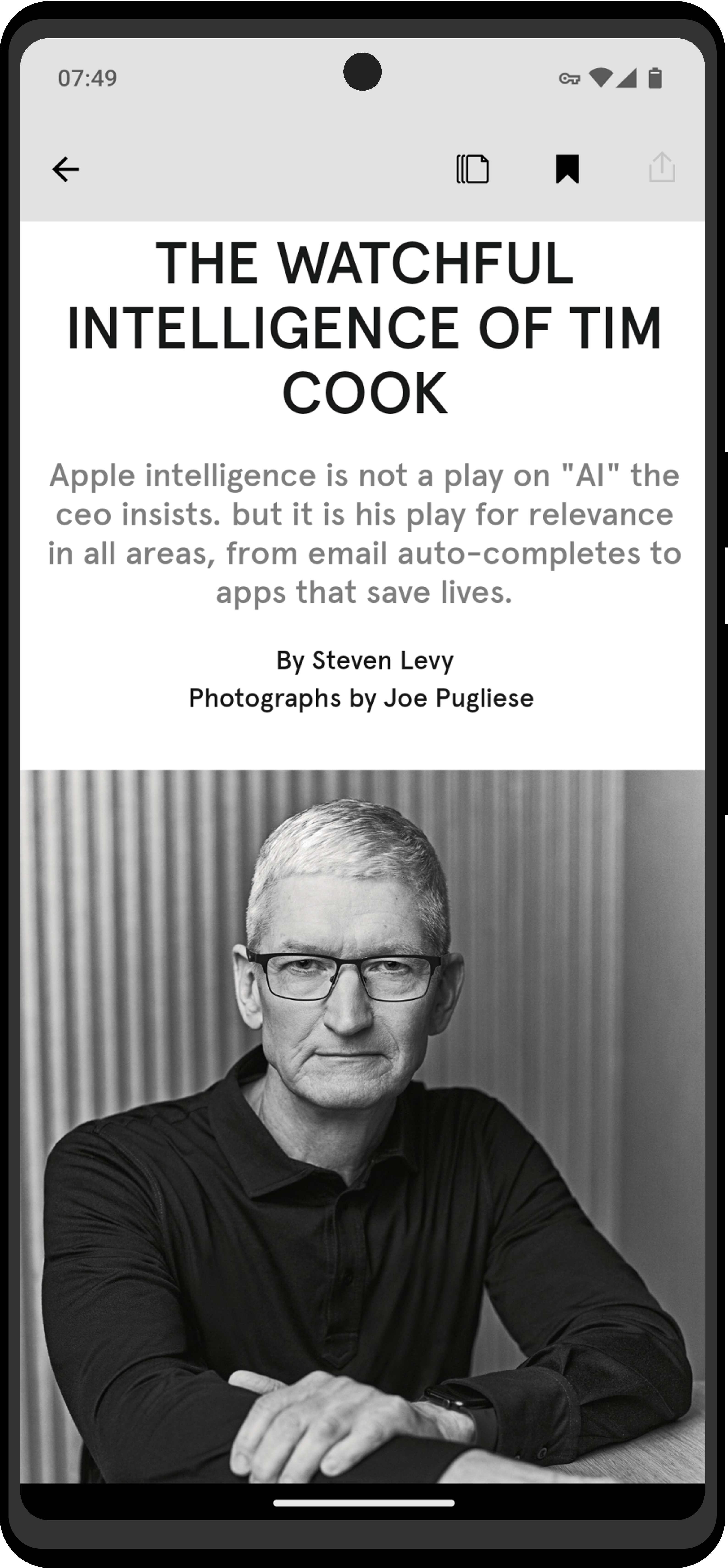 A Pixel 6 Android phone displaying a black and white portrait of Tim Cook sitting, with text titled The Watchful Intelligence of Tim Cook.