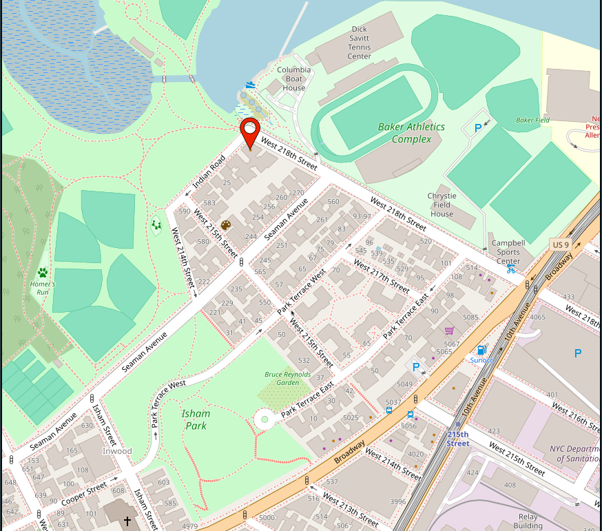 Auto-generated description: A detailed map features urban streets, a park area, and the Baker Athletics Complex, highlighted by a red location marker.