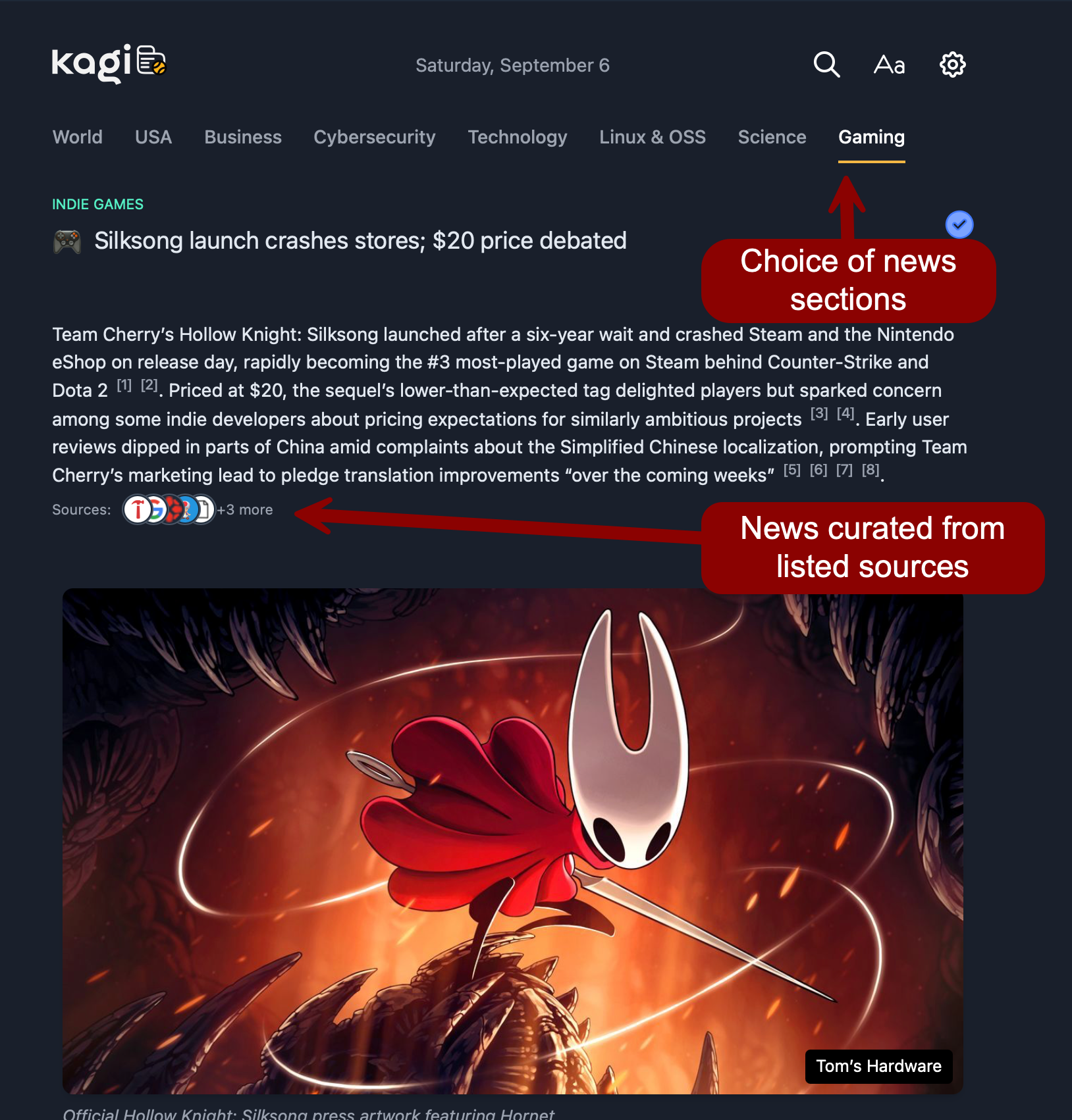 A news webpage features gaming content, including an indie games article about Silksong’s release impact, surrounded by navigation options and curated sources.