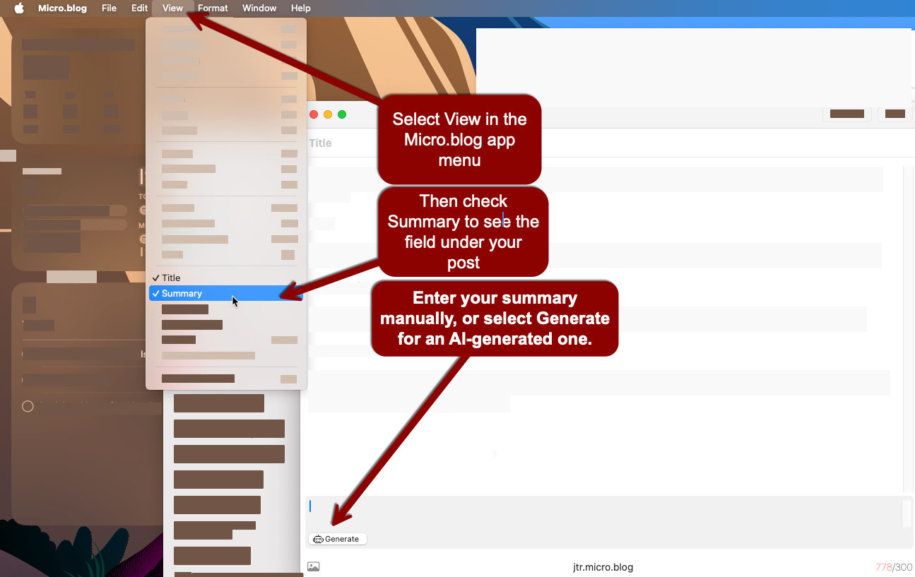Auto-generated description: A screenshot shows a step-by-step guide on enabling the summary field in the Micro.blog app, with red arrows highlighting relevant menu options.