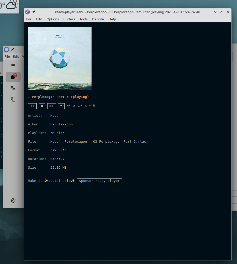 Auto-generated description: A media player interface is open on a computer screen, displaying details of a music track called Perplexagon Part 3 by the artist Kebu, with various options and information shown below.