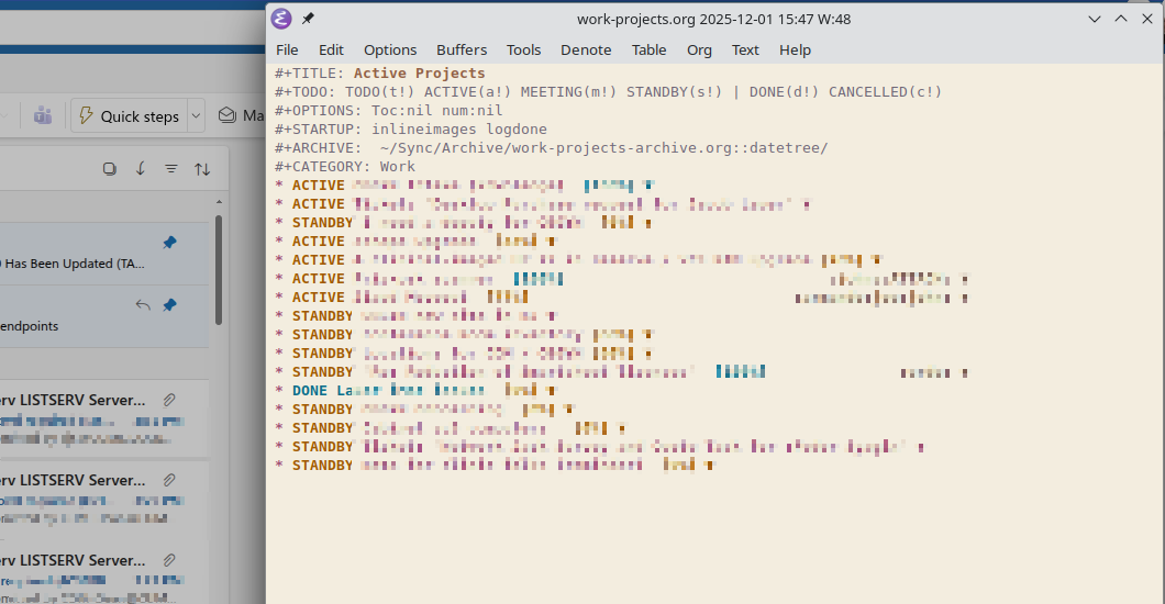 Auto-generated description: A text editor window is open, displaying a list of tasks with various status indicators like ACTIVE, STANDBY, and DONE, alongside organizational labels and color codes.