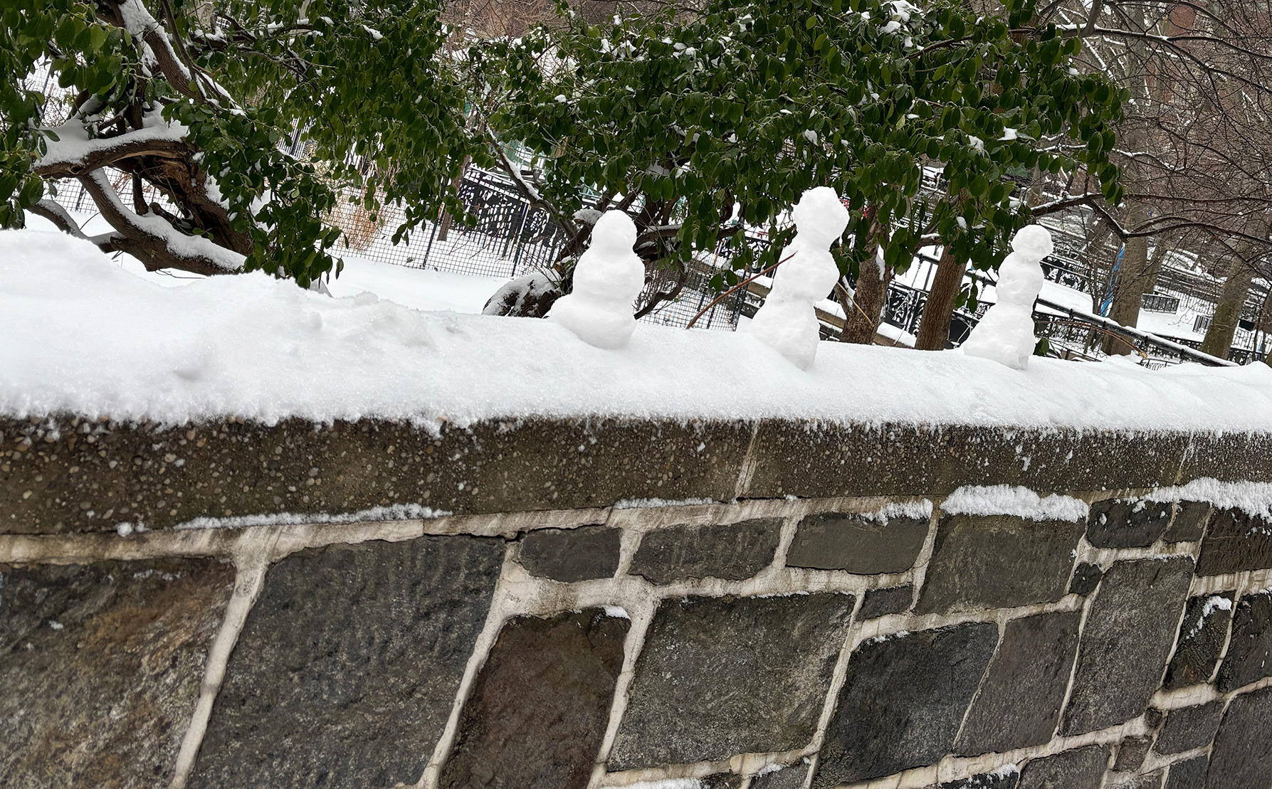 Auto-generated description: Three small snowmen are lined up on a snow-covered stone wall with trees in the background.