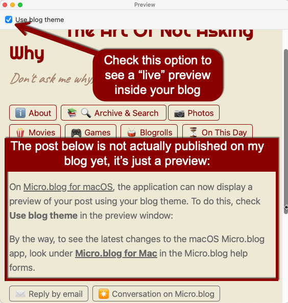 Auto-generated description: A software interface provides instructions on enabling a live blog preview within a macOS application.