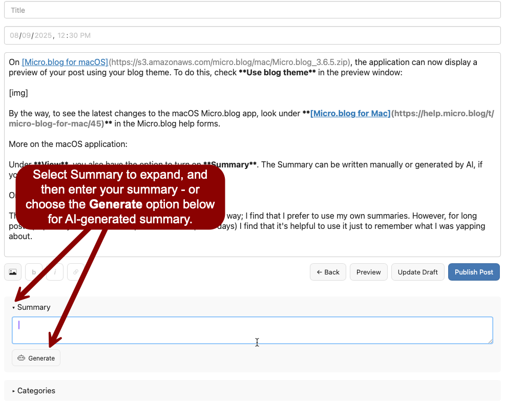 Auto-generated description: A text editing interface for creating blog posts is shown with options for entering a title and summary, featuring buttons for generating text and publishing.