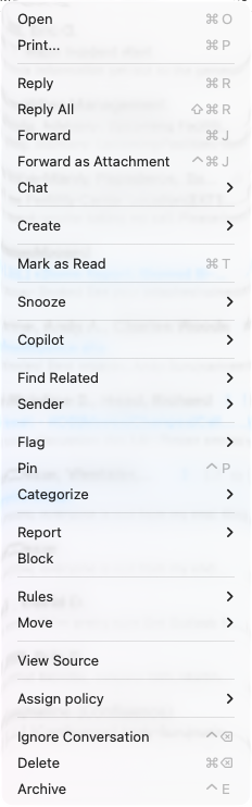 A context menu from Ourlook on macOS is shown, with over 30 various options such as Open, Print, Reply, chat, view source, Copilot and more.