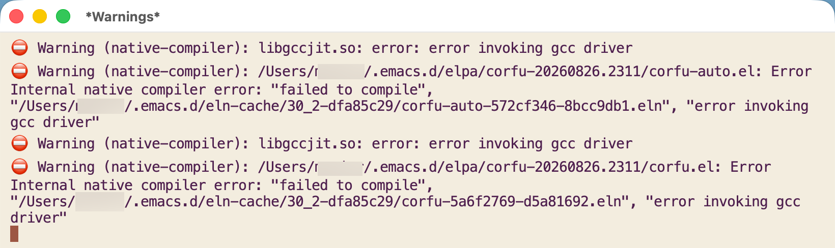 A terminal window displays repeated error messages indicating a failure to invoke the GCC driver while compiling with native-compiler in Emacs.