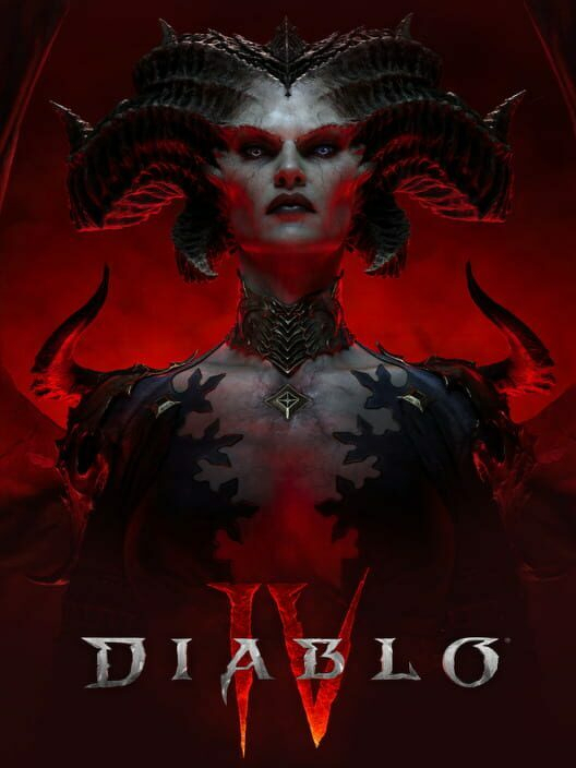 A demonic figure with elaborate horns and dark attire stands in front of a fiery red background, above the title Diablo IV.