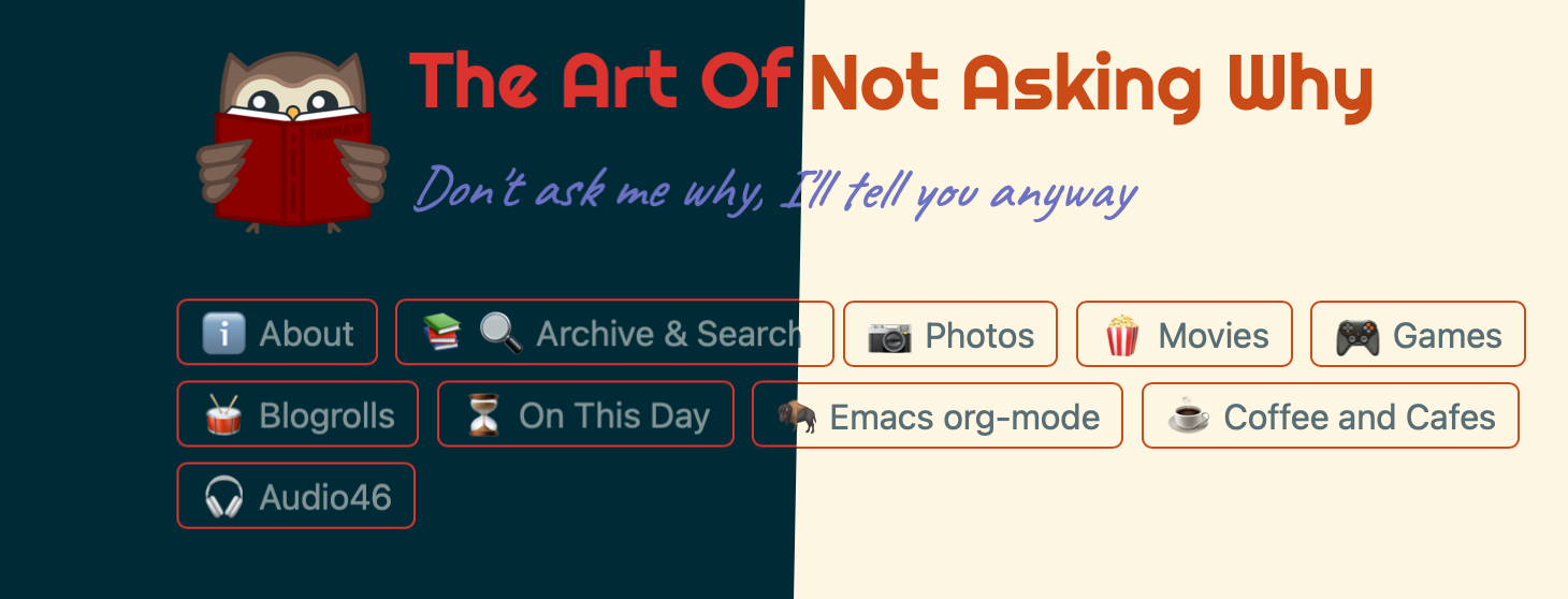 A split-screen webpage layout with a dark theme on the left and a light theme on the right features the title The Art Of Not Asking Why along with various navigation buttons