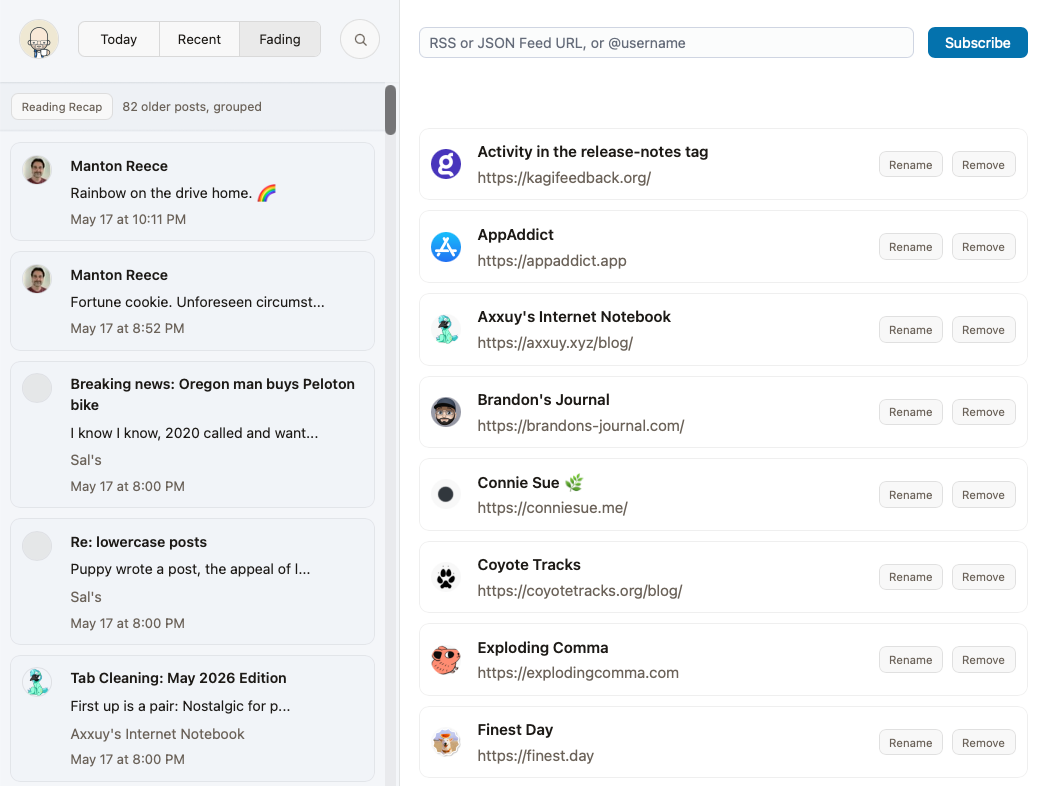 A reading interface displays a list of posts on the left and an RSS subscription management panel with various feeds on the right.