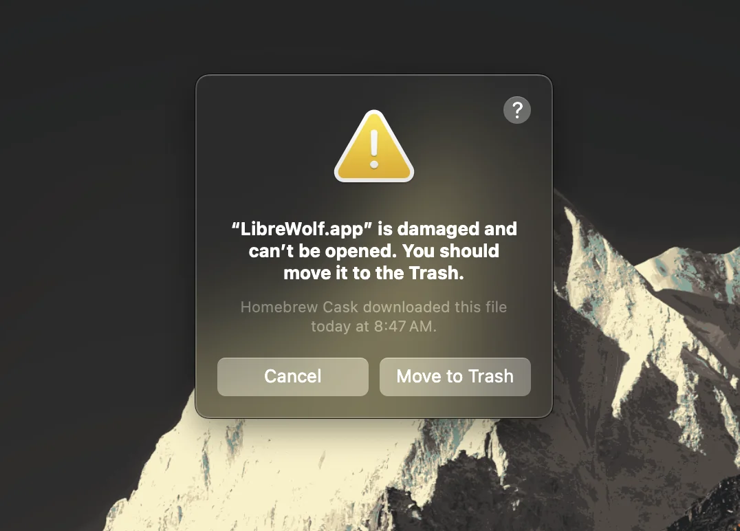 Auto-generated description: A warning message indicates that the LibreWolf.app is damaged and cannot be opened, suggesting the user move it to the Trash.