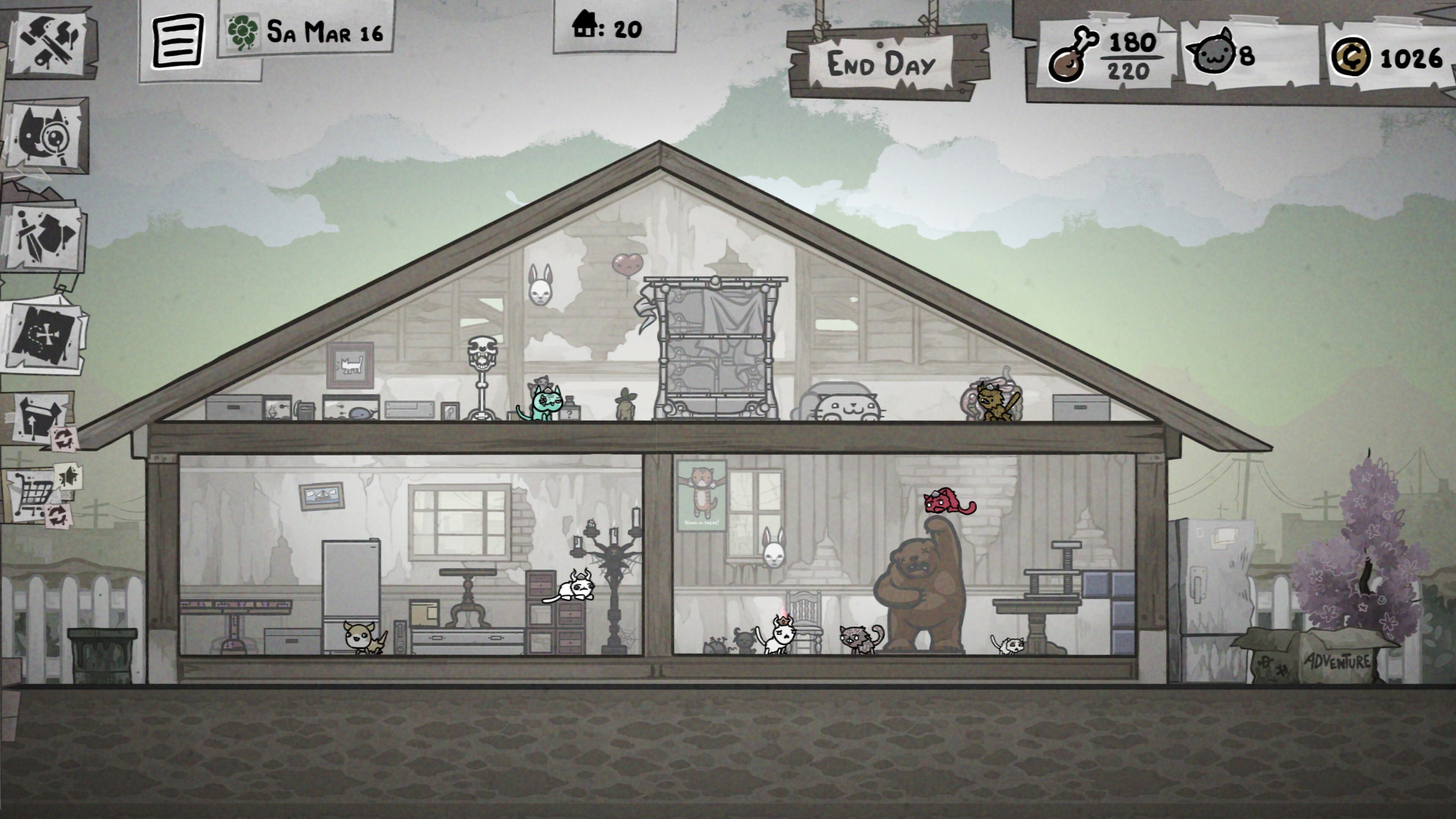 Auto-generated description: A two-story house with various rooms contains small creatures and a large bear-like figure inside, with game interface elements displayed around the screen.