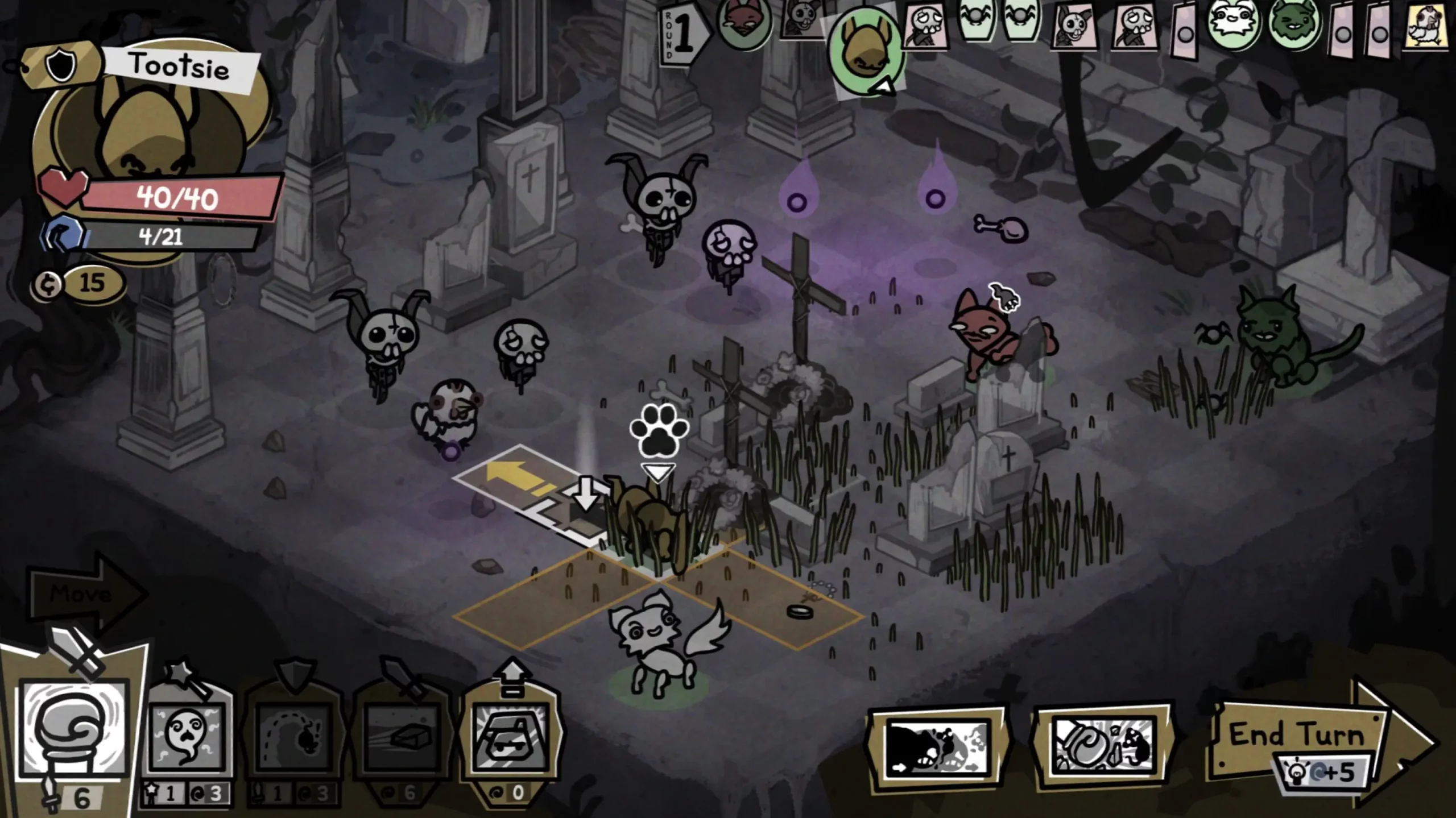 Auto-generated description: A turn-based strategy game scene shows a cat character named Tootsie navigating a graveyard with various icons and a turn-end button visible.