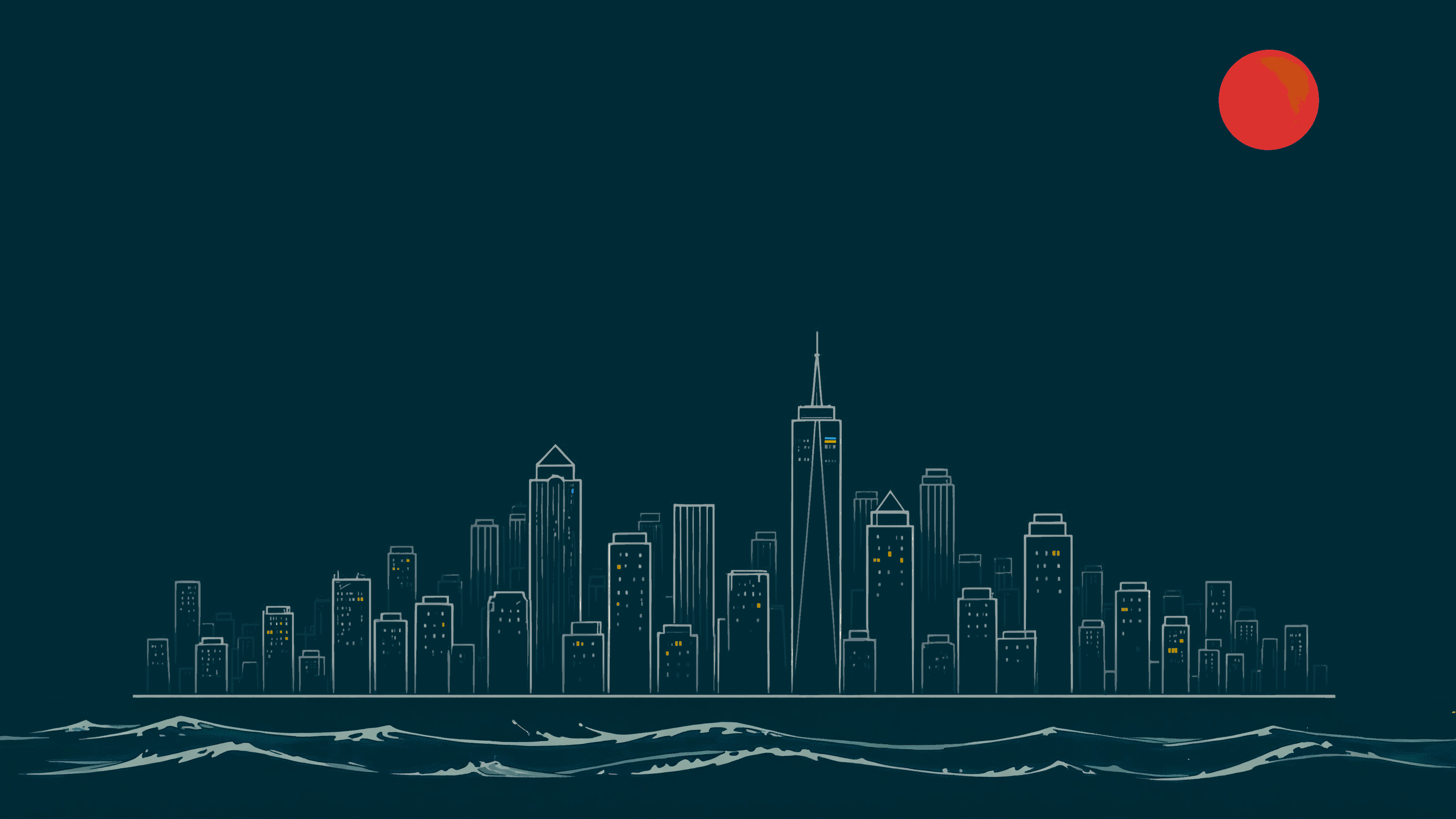 A minimalist (solarized) skyline of a city with a prominent tall building, set against a dark background with waves in the foreground and a red moon in the sky.