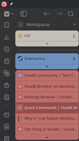Auto-generated description: A Vivaldi browser window displaying workspace tabs, focusing on Subnautica and several Vivaldi-related topics.