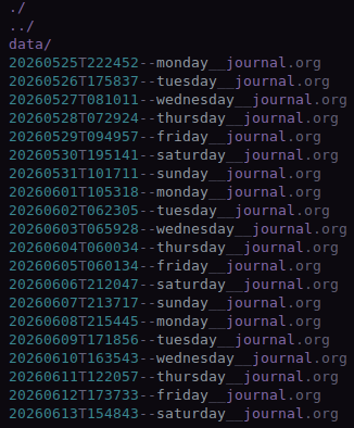 Auto-generated description: A list of journal files, organized by date and day of the week, is shown in a directory format.