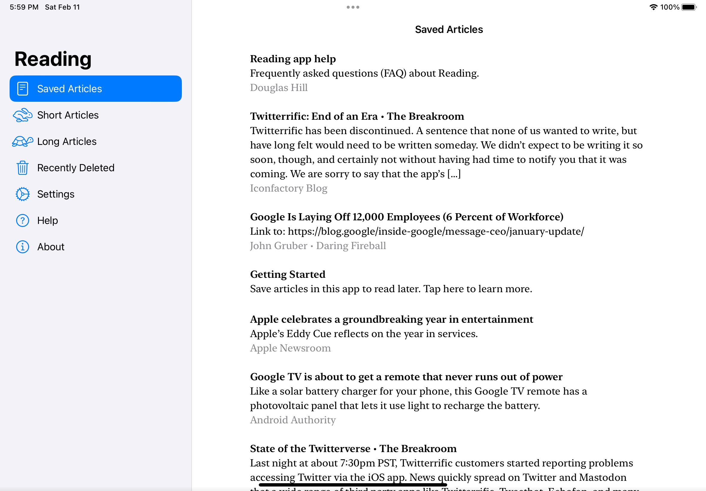 Screenshot of reading app showing a narrower sidebar with a bright blue highlight.