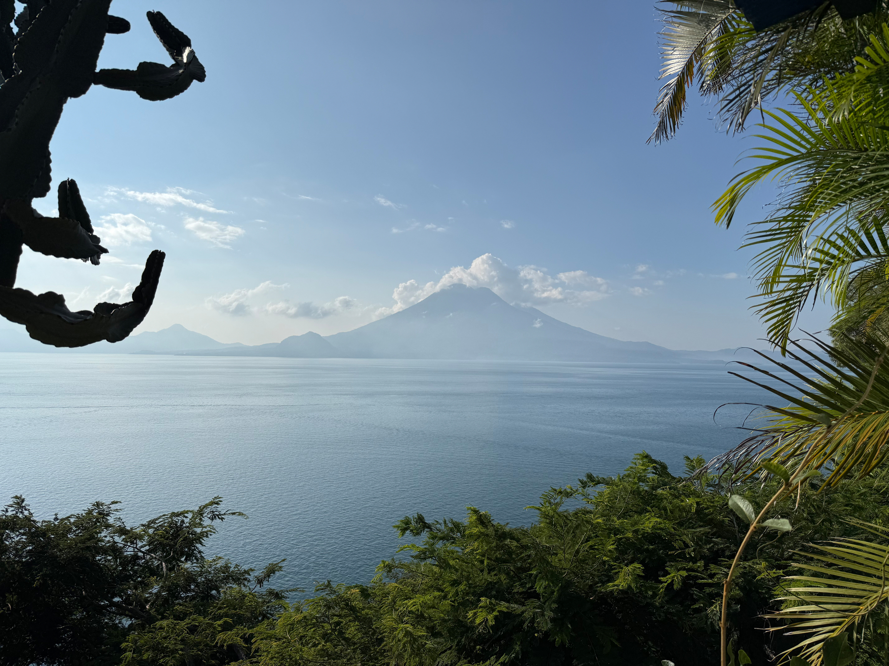 Auto-generated description: A serene view of a calm body of water with a distant volcano and lush greenery framing the scene.