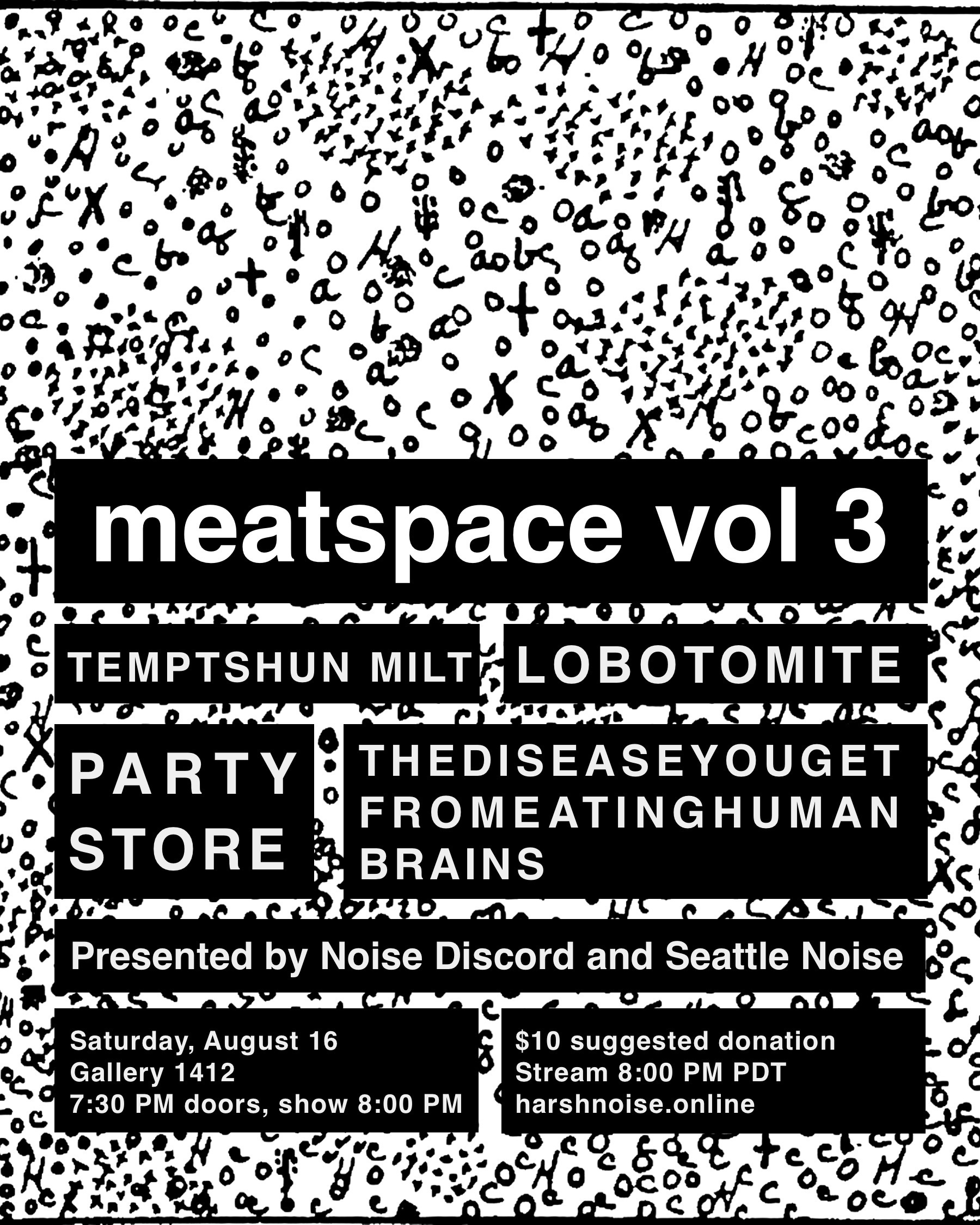 flyer for meatspace vol 3 featuring THEDISEASEYOUGETFROMEATINGHUMANBRAINS, Temptshun Milt, Lobotomite, and Party Store