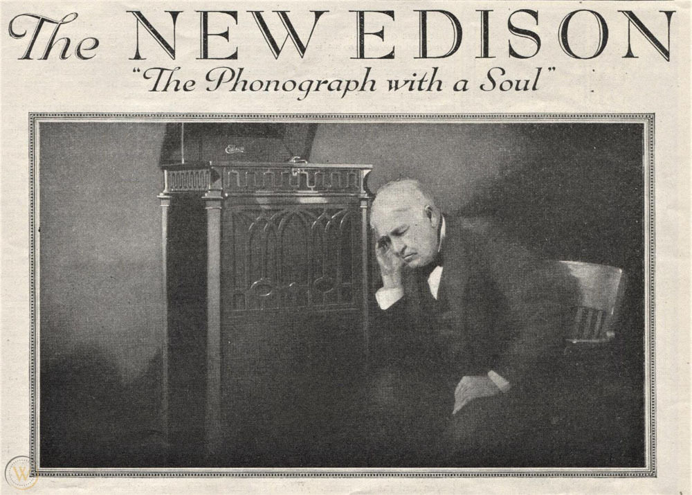 A vintage print advert for a phonograph with a soul