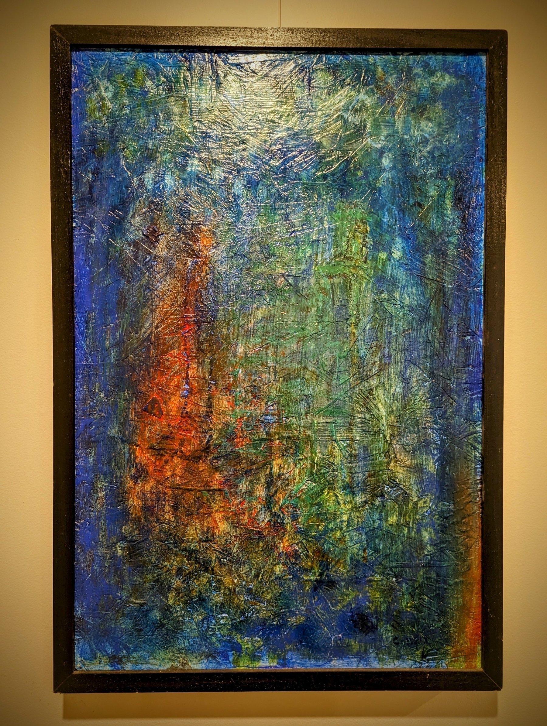 An abstract painting, blue, green and orange.