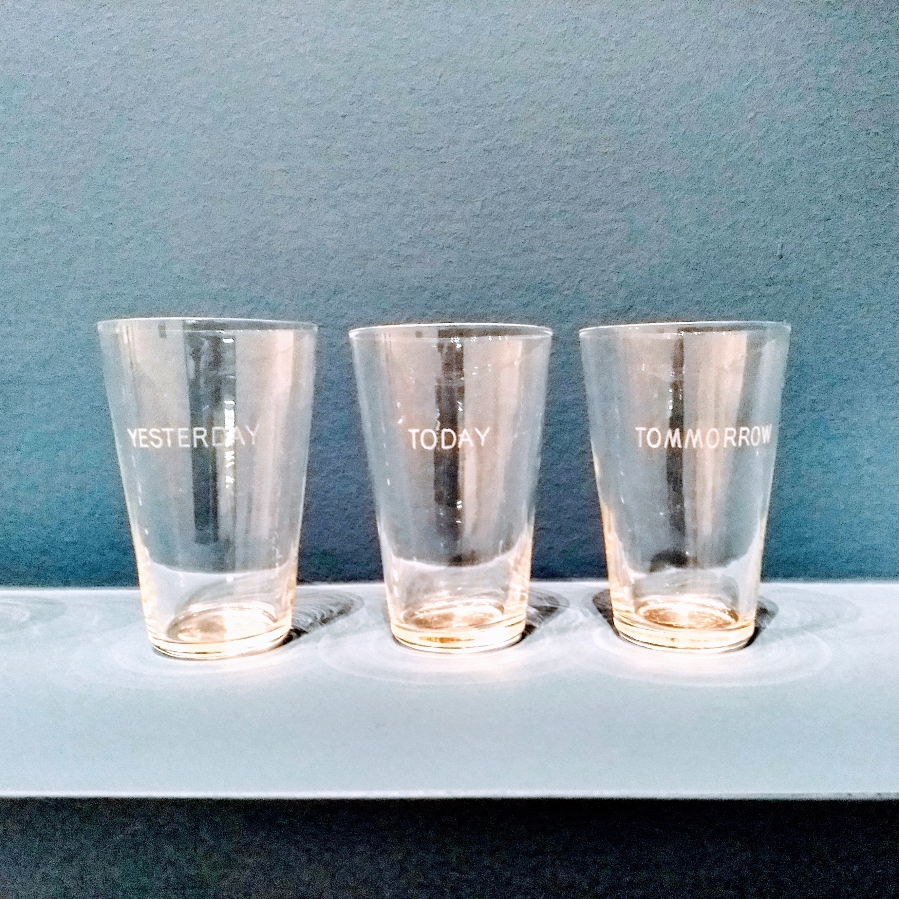 Three hand blown glasses, engraved: yesterday, today,  tomorrow.