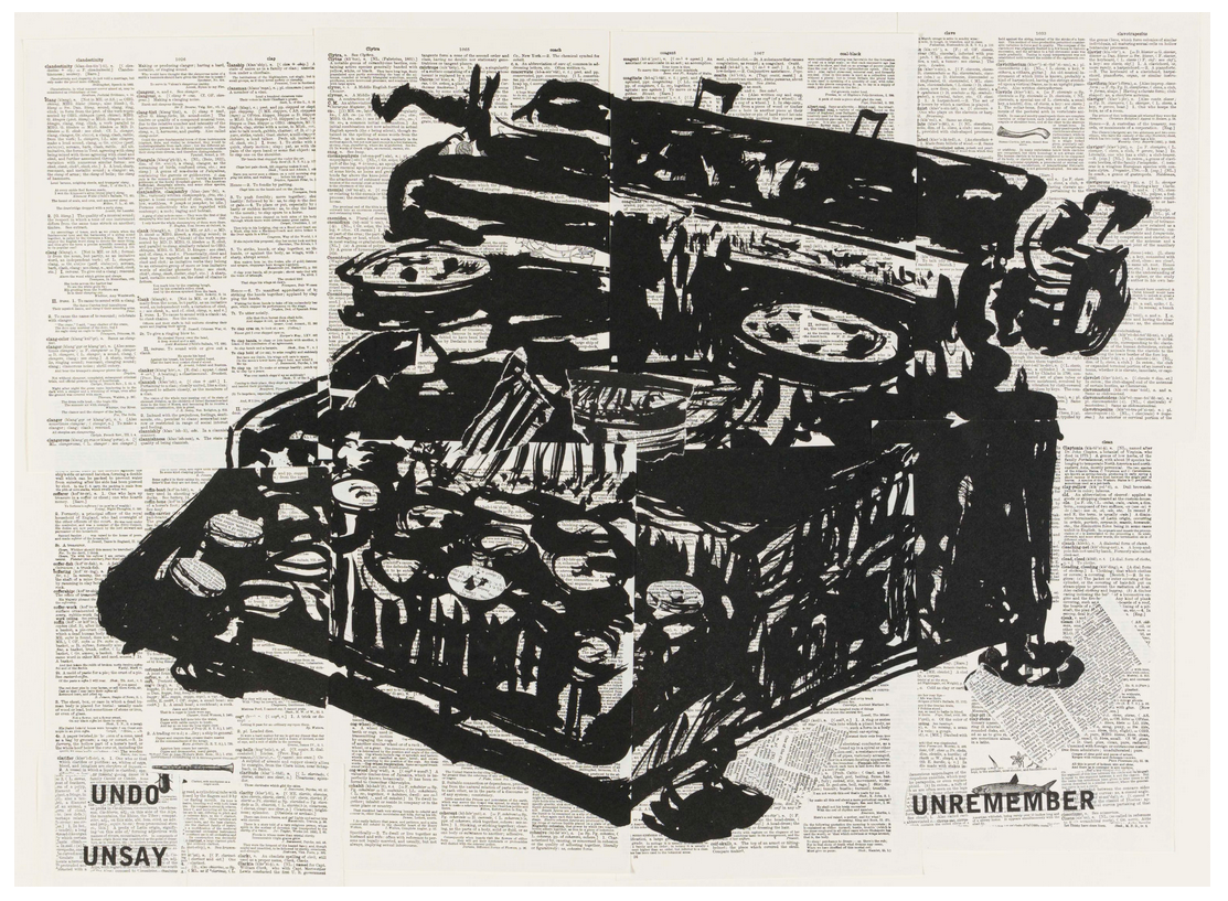 Artwork by William Kentridge entitled Undo, Unsay. It depicts a black typewriter, drawn in ink over four columns of newsprint. 