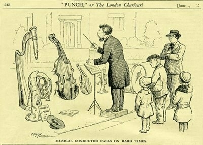 A vintage cartoon from Punch magazine, showing a conductor busking by conducting an orchestra of broken instruments with no musicians to play them.