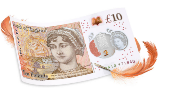 UK ten pound note with the portrait of author Jane Austen 