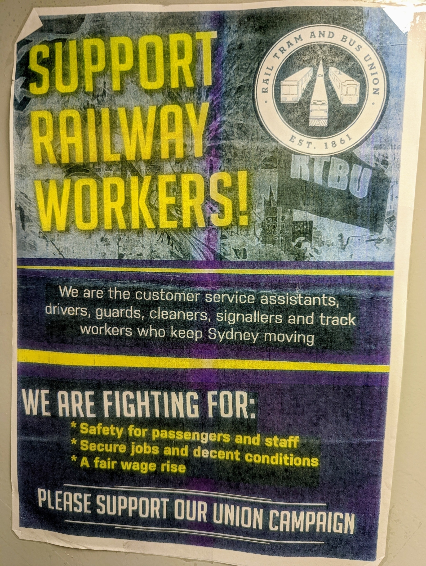 A poster that says, Support railway workers!