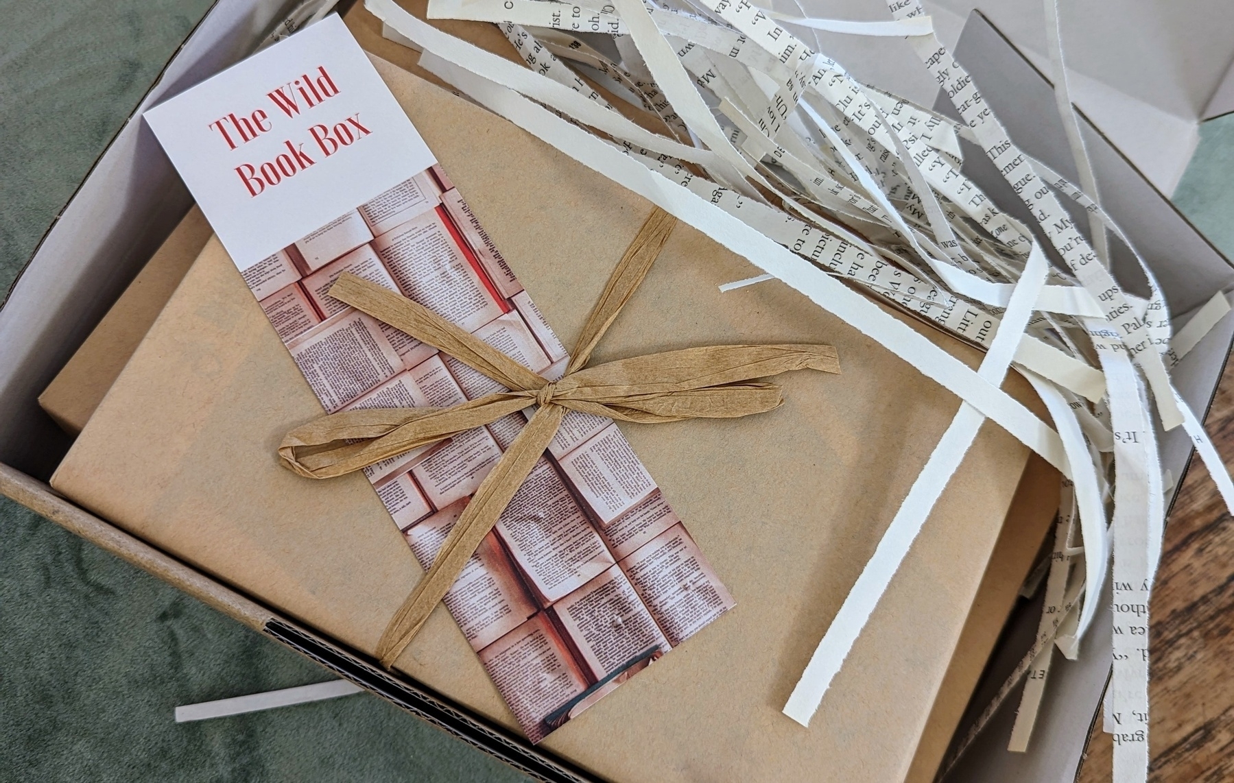 A nicely gift-wrapped package of books. The bookmark says 'the wild book box'. 