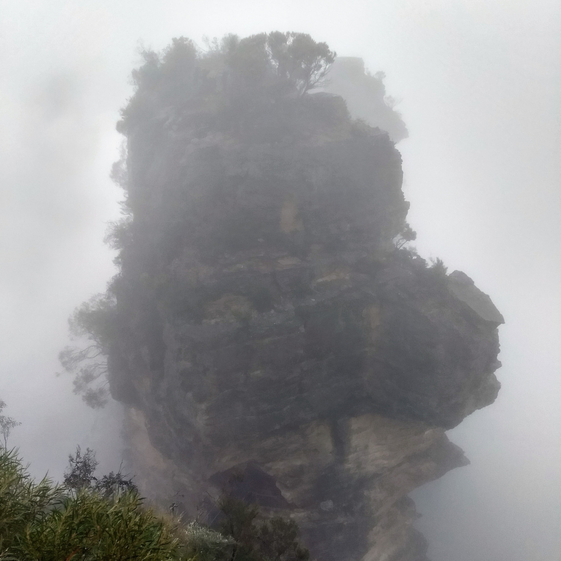 A mist-shrouded pillar of sandstone in the Blue Mountains, west of Sydney, topped with dense vegetation.