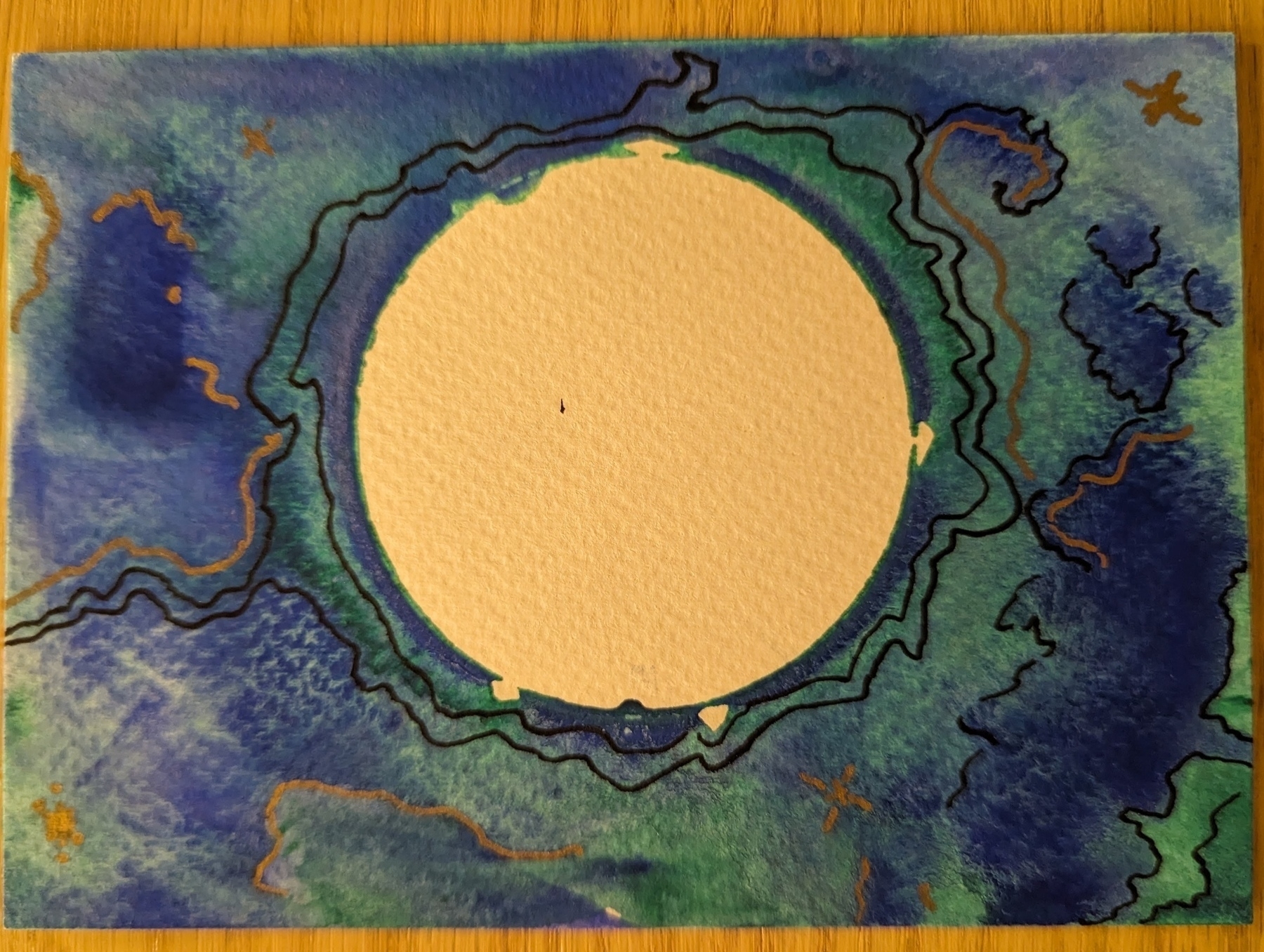 A hand-painted card depicting a planet or moon against a swirling blue-green background.