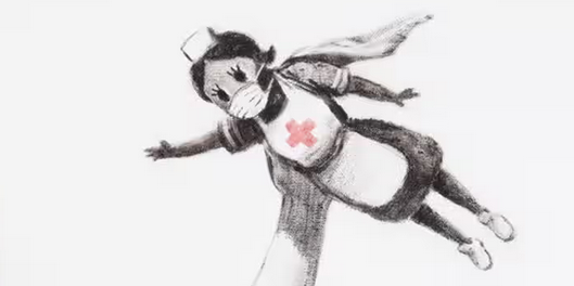 Part of an artwork by Banksy showing a nurse doll as a caped superhero