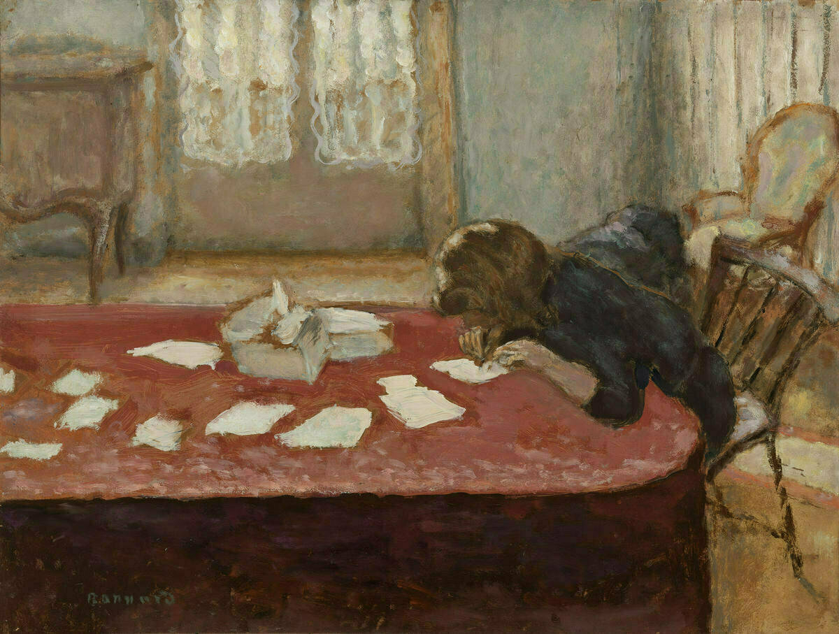 A painting by Pierre Bonnard entitled Young Woman Writing. It shows a young woman leaning over a large table with a red cloth, on which are spread several small paper notes.