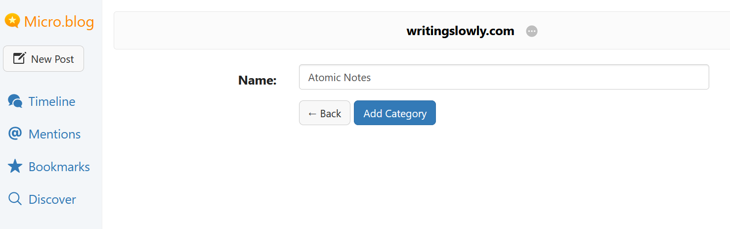 screenshot of how to create a new category in microdotblog