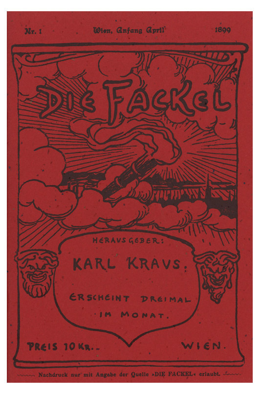 The red front cover of German journal Die Fackel, or The Torch. This is the first issue.