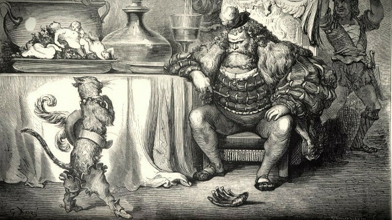 an engraving of Puss in Boots meeting the ogre