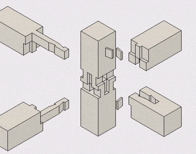 A three-dimensional cross-shaped block made from complex Japanese joinery
