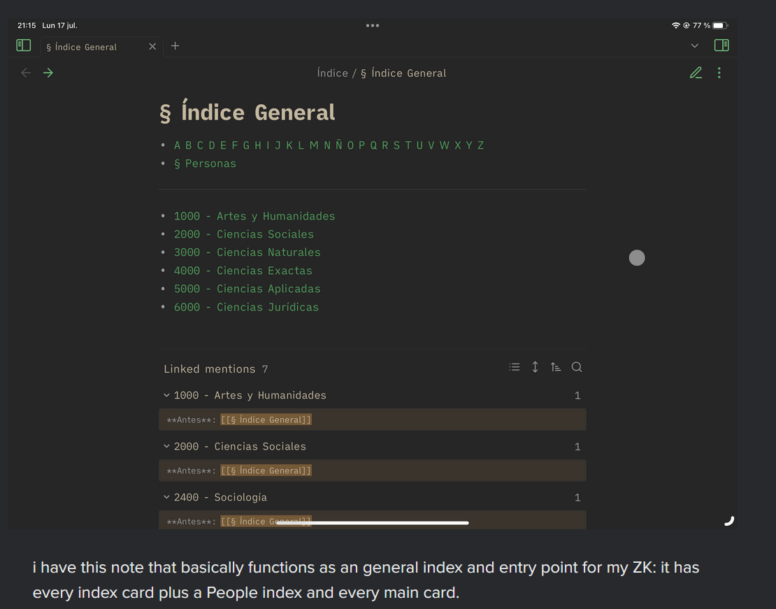 Screenshot of a Zettelkasten index created in Obsidian